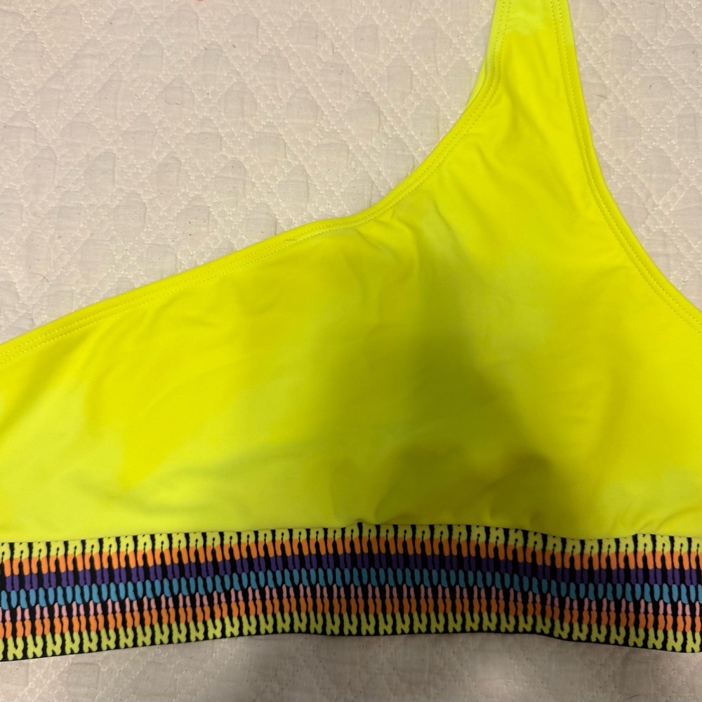 SHEIN Neon bright Yellow Bikini top with Striped Trim on bottom 1 shoulder
